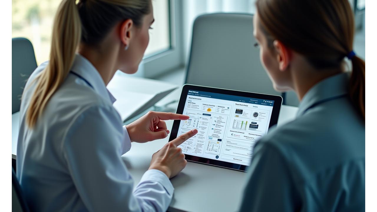 Doktor ve danışman bir araya gelmiş, medikal web sitesi stratejilerini tartışıyor.