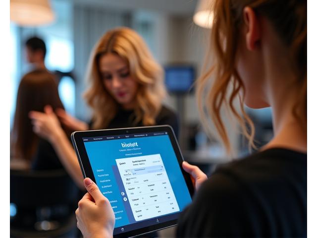 Modern bir kuaför salonunda müşteriyle ilgilenen yetenekli bir stylist ve web sitesi randevu arayüzü.