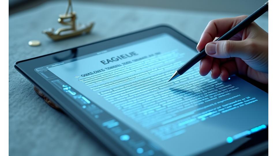 Yasal metinleri okuyan bir el ve dijital tablet