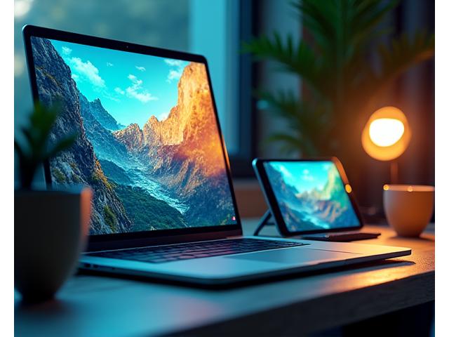 Bir sanatçının dijital portfolyo sitesini tablet ve bilgisayarda gösteren kreatif kompozisyon. Renkli, dinamik sanat eserleri dijital ekranlarda sergileniyor.