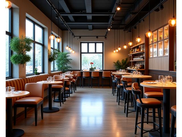 Şık ve modern bir kafe iç mekanının 360 derece sanal tur görünümü.