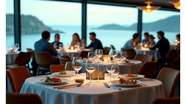 Deniz manzaralı şık bir balık restoranında online rezervasyon ekranı.