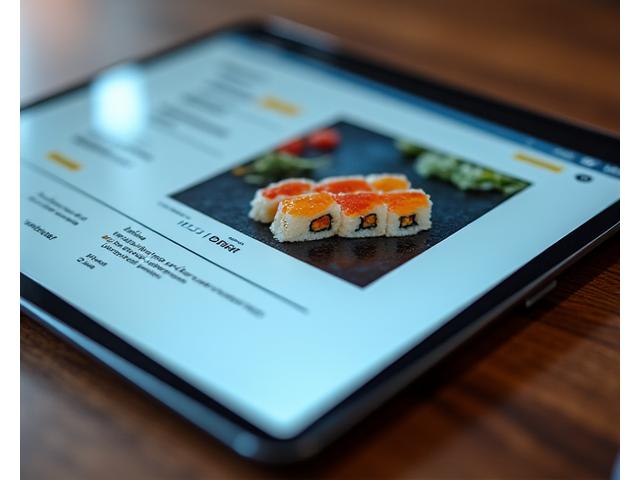 Bir tablet ekranında suşi menüsünün yakın çekimi, canlı renkler ve detaylar.