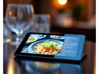 Tablet üzerinde yemek fotoğrafları ve detaylı açıklamalarıyla dijital menü.