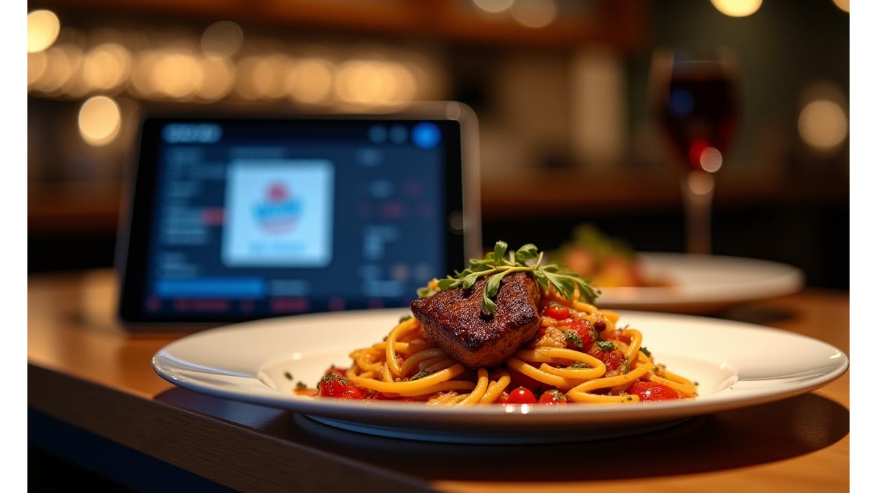 Şık bir restoranda hazırlanan gurme yemekleri ve arka planda online rezervasyon arayüzü.