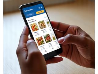 Telefon ekranında bir online yemek siparişi uygulamasından yemek seçimi yapan bir kişi.