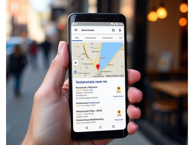 Bir telefon ekranında 'yakınımdaki restoranlar' arama sonuçları ve Google Haritalar görünümü.